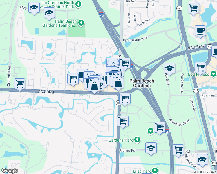 map of restaurants, bars, coffee shops, grocery stores, and more near 4545 PGA Boulevard in Palm Beach Gardens