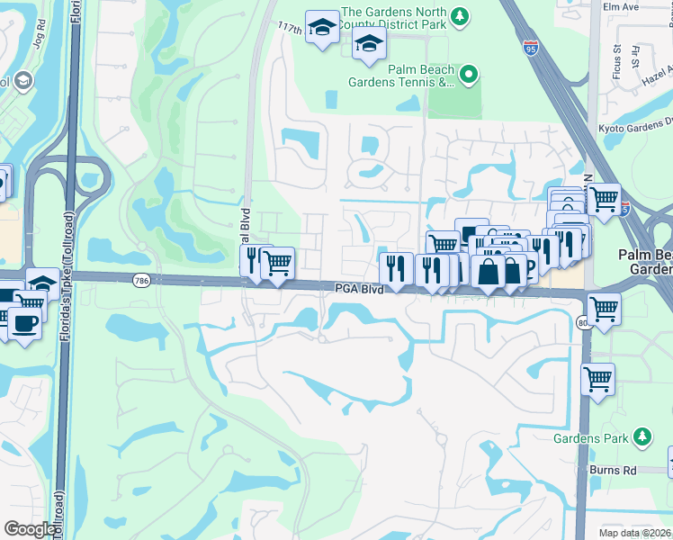 map of restaurants, bars, coffee shops, grocery stores, and more near 11037 Nutmeg Drive in Palm Beach Gardens