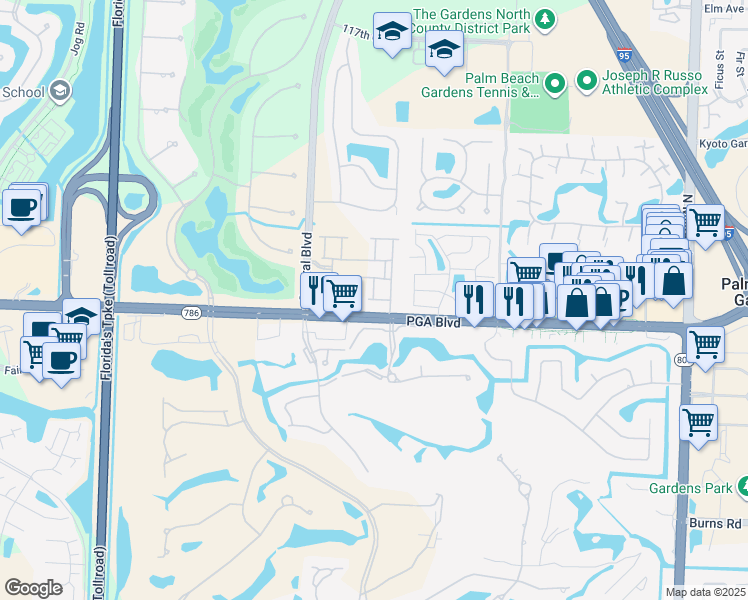 map of restaurants, bars, coffee shops, grocery stores, and more near Hamilton Court in Palm Beach Gardens