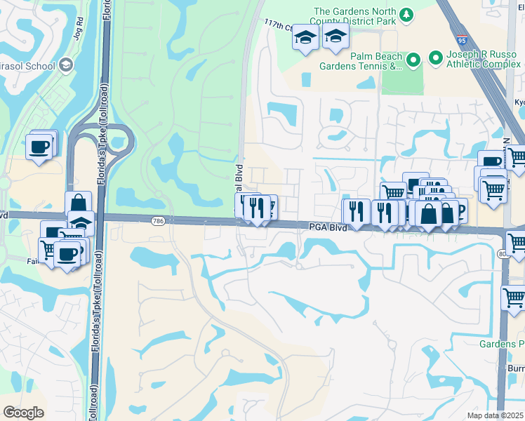map of restaurants, bars, coffee shops, grocery stores, and more near Cambridge Court in Palm Beach Gardens
