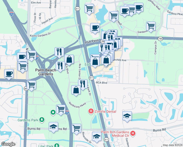 map of restaurants, bars, coffee shops, grocery stores, and more near 10942 Florida A1A Alternate in Palm Beach Gardens