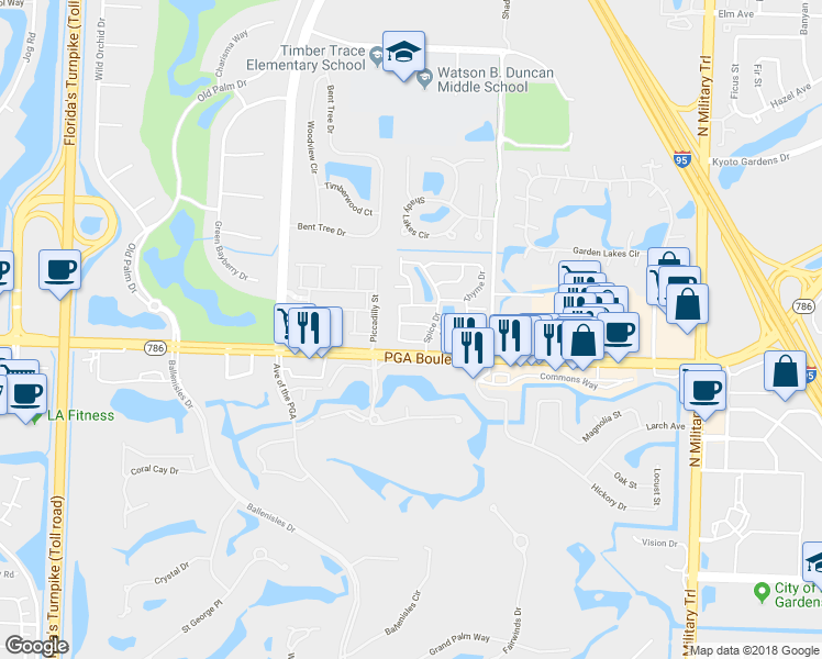 map of restaurants, bars, coffee shops, grocery stores, and more near 5196 Peppercorn Street in Palm Beach Gardens