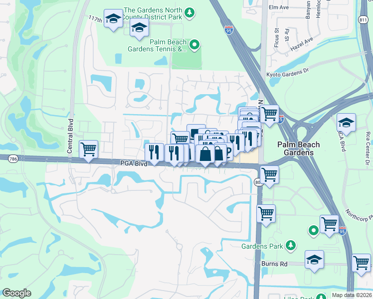 map of restaurants, bars, coffee shops, grocery stores, and more near 4821 Pointe Midtown Road in Palm Beach Gardens