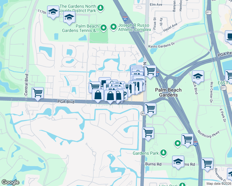 map of restaurants, bars, coffee shops, grocery stores, and more near 4801 PGA Boulevard in Palm Beach Gardens