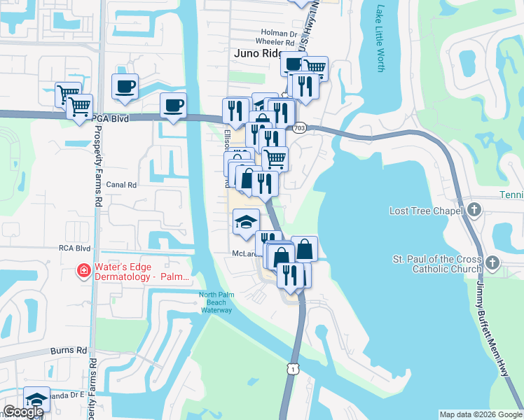 map of restaurants, bars, coffee shops, grocery stores, and more near 11175 U.S. 1 in North Palm Beach