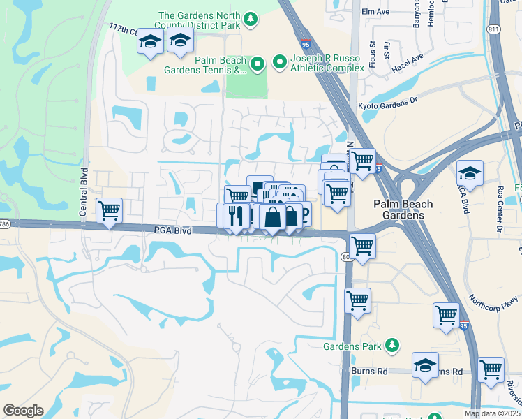 map of restaurants, bars, coffee shops, grocery stores, and more near 4897 PGA Boulevard in Palm Beach Gardens
