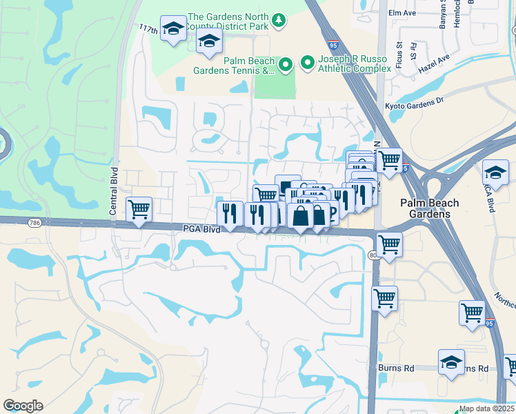 map of restaurants, bars, coffee shops, grocery stores, and more near 4841 Pointe Midtown Road in Palm Beach Gardens
