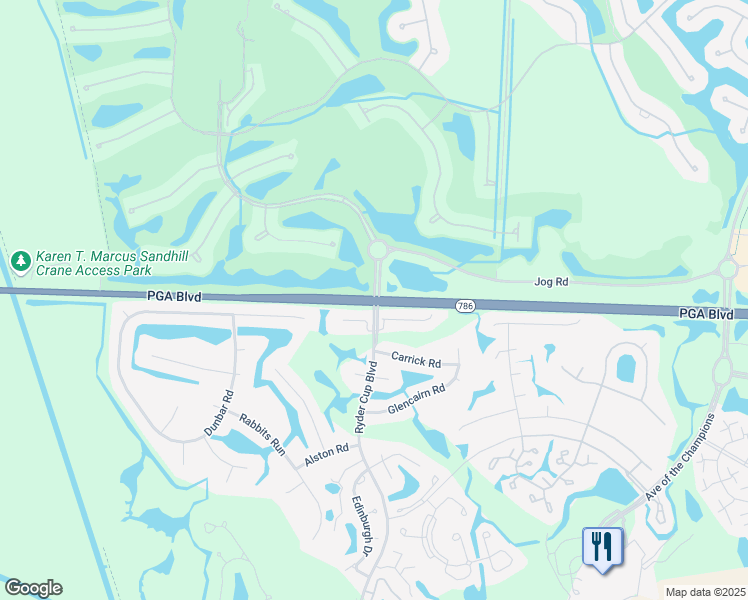 map of restaurants, bars, coffee shops, grocery stores, and more near PGA Boulevard & Ryder Cup Blvd in Palm Beach Gardens