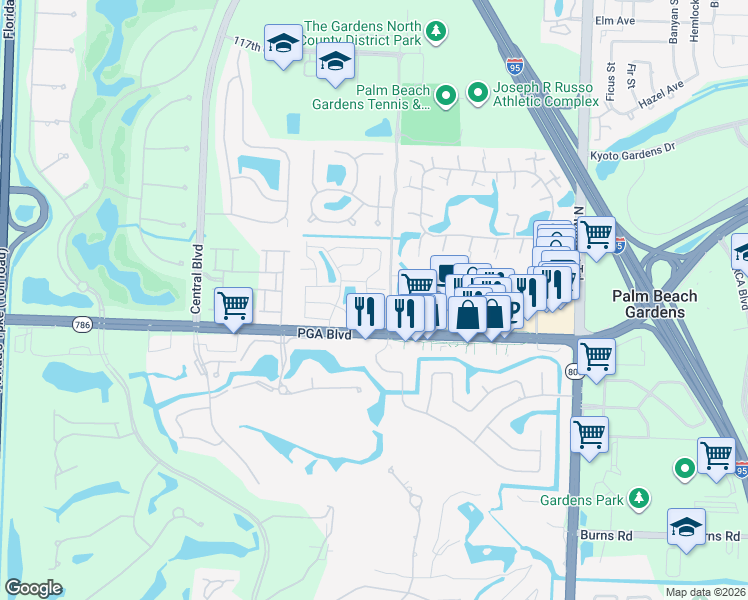 map of restaurants, bars, coffee shops, grocery stores, and more near 5037 Cayenne Lane in Palm Beach Gardens