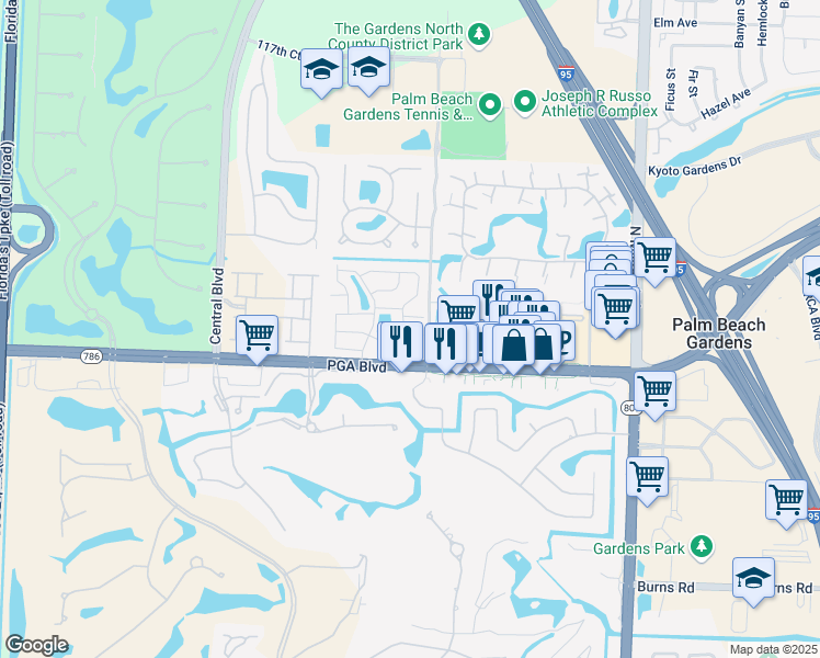 map of restaurants, bars, coffee shops, grocery stores, and more near 5037 Cayenne Lane in Palm Beach Gardens