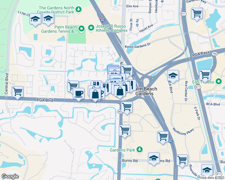 map of restaurants, bars, coffee shops, grocery stores, and more near 10913 North Military Trail in Palm Beach Gardens