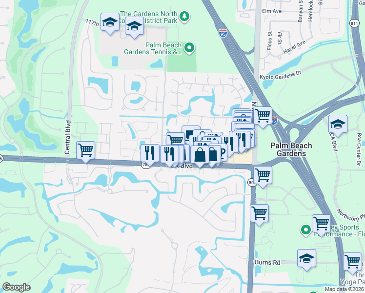 map of restaurants, bars, coffee shops, grocery stores, and more near 4916 Pointe Midtown Way in Palm Beach Gardens