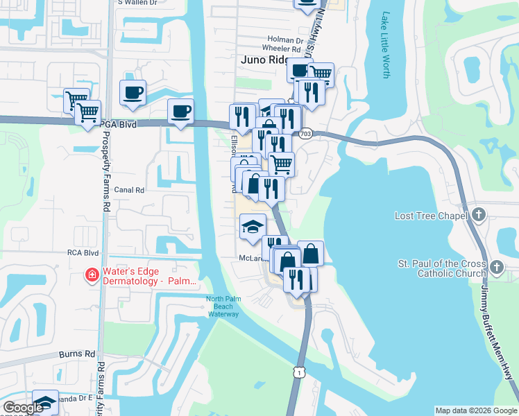 map of restaurants, bars, coffee shops, grocery stores, and more near 11175 U.S. 1 in North Palm Beach