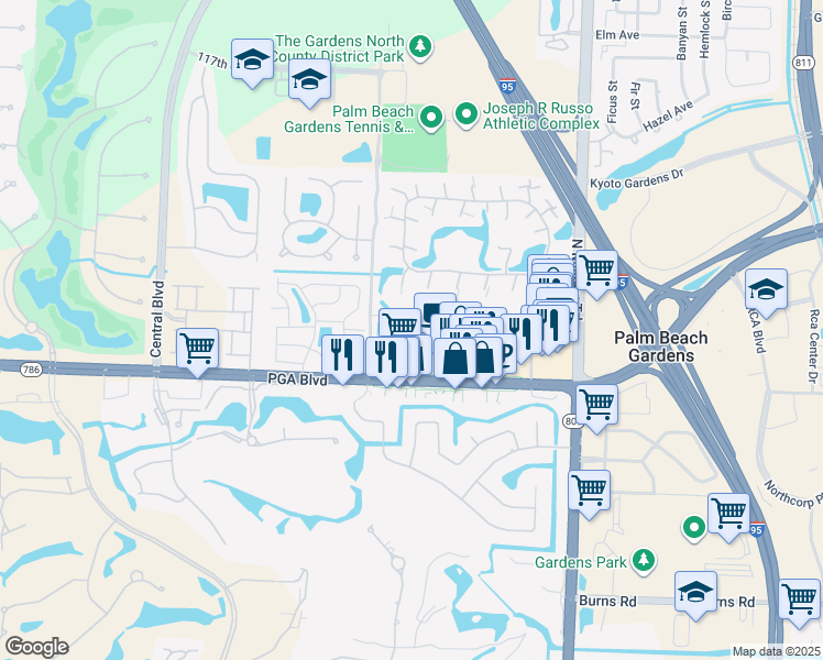 map of restaurants, bars, coffee shops, grocery stores, and more near 4841 Pointe Midtown Road in Palm Beach Gardens