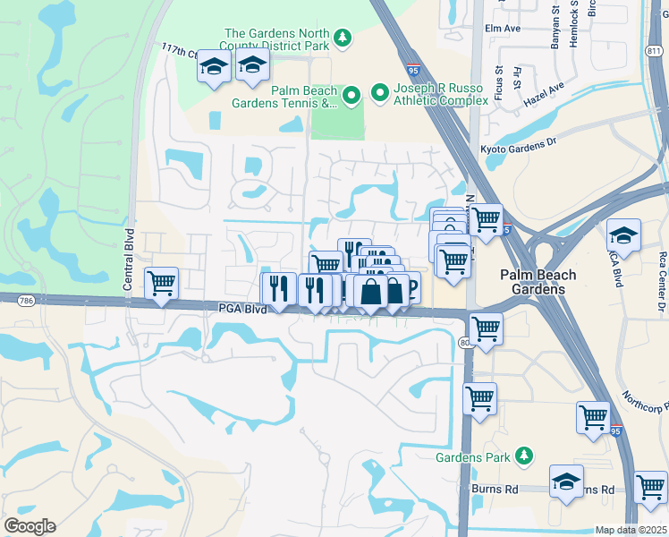 map of restaurants, bars, coffee shops, grocery stores, and more near 4841 Pointe Midtown Road in Palm Beach Gardens