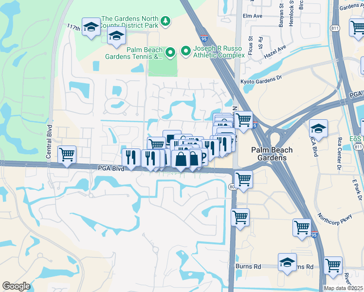 map of restaurants, bars, coffee shops, grocery stores, and more near 4897 PGA Boulevard in Palm Beach Gardens