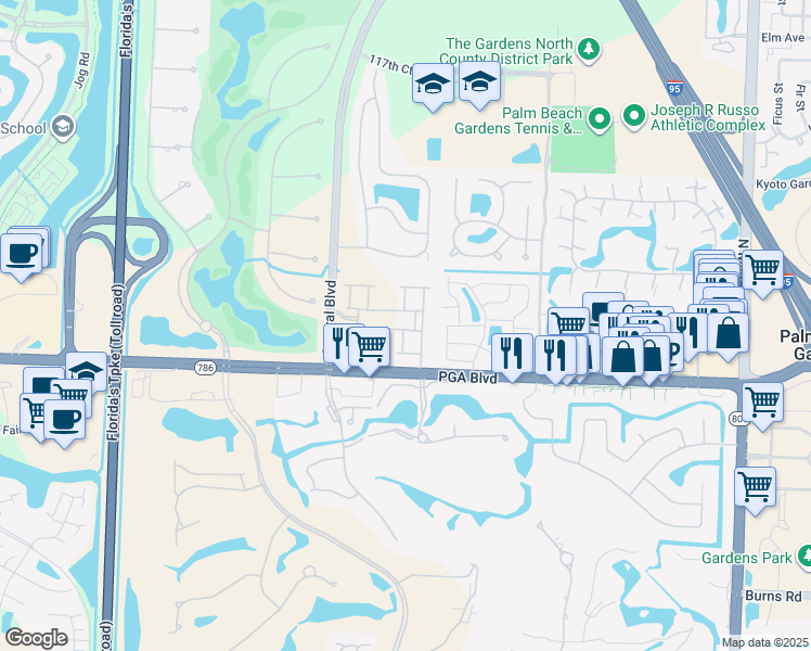 map of restaurants, bars, coffee shops, grocery stores, and more near 1115 Piccadilly Street in Palm Beach Gardens
