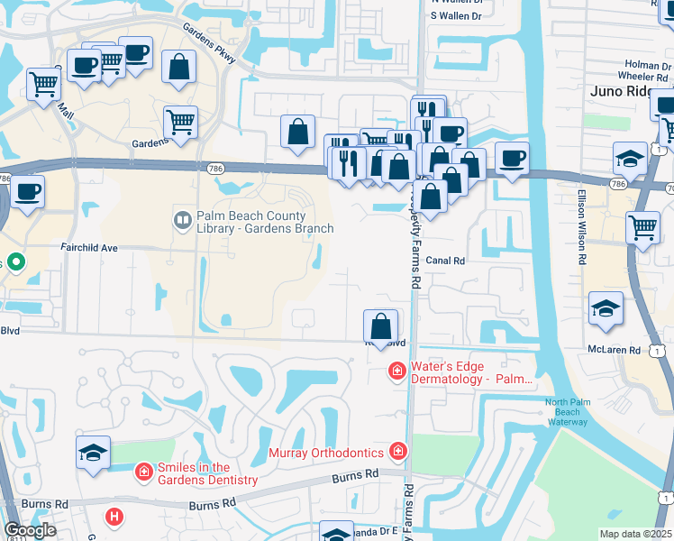 map of restaurants, bars, coffee shops, grocery stores, and more near 11239 Monet Lane in Palm Beach Gardens