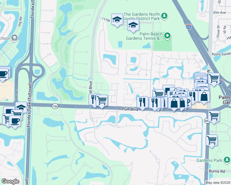 map of restaurants, bars, coffee shops, grocery stores, and more near 1083 Piccadilly Street in Palm Beach Gardens