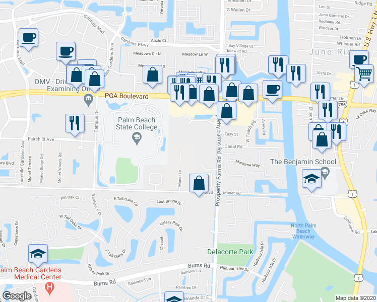 map of restaurants, bars, coffee shops, grocery stores, and more near 11300 Monet Lane in Palm Beach Gardens