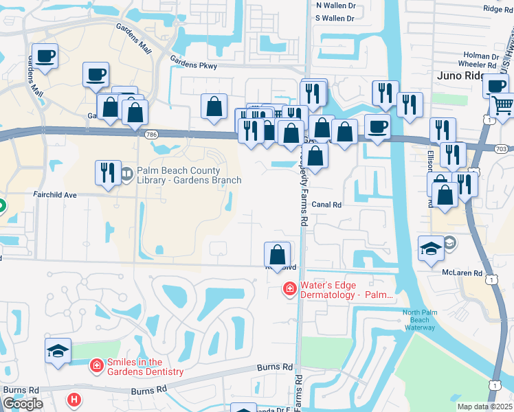 map of restaurants, bars, coffee shops, grocery stores, and more near 11300 Monet Lane in Palm Beach Gardens
