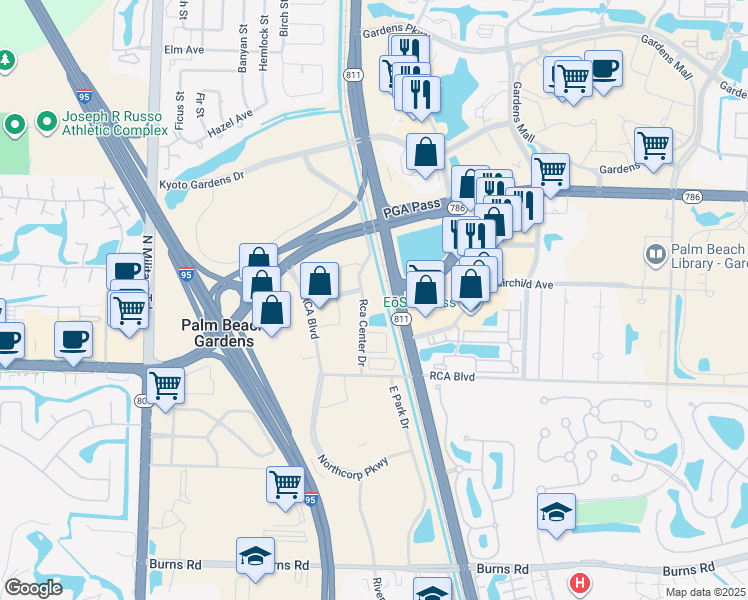 map of restaurants, bars, coffee shops, grocery stores, and more near 11200 RCA Center Drive in Palm Beach Gardens