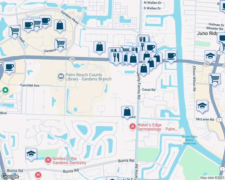 map of restaurants, bars, coffee shops, grocery stores, and more near 11239 Monet Lane in Palm Beach Gardens