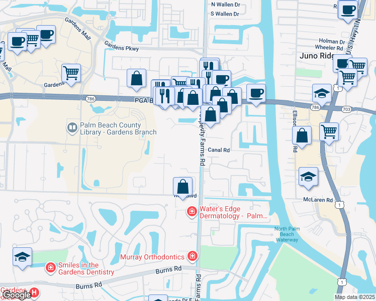 map of restaurants, bars, coffee shops, grocery stores, and more near 11375 Prosperity Farms Road in Palm Beach Gardens