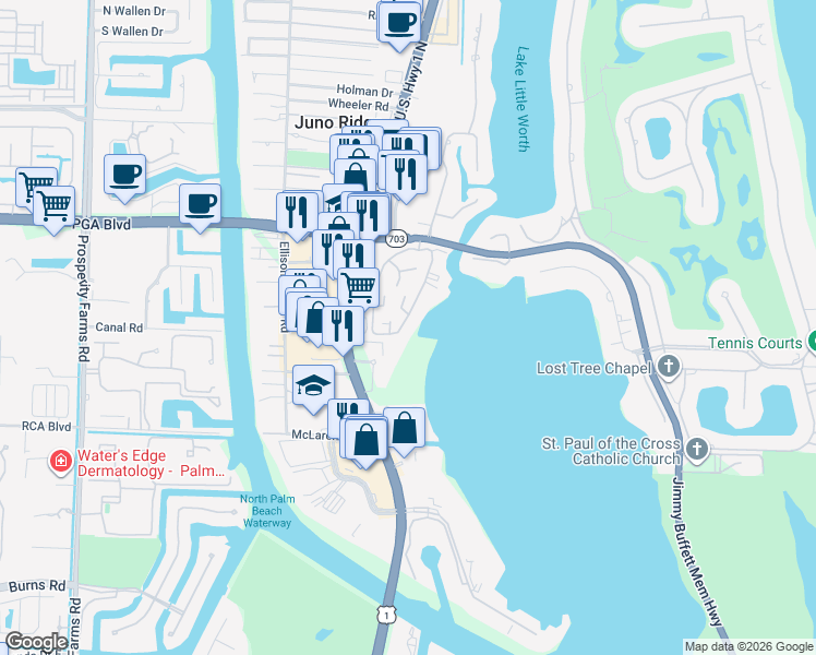 map of restaurants, bars, coffee shops, grocery stores, and more near 1660 12 Oaks Way in North Palm Beach