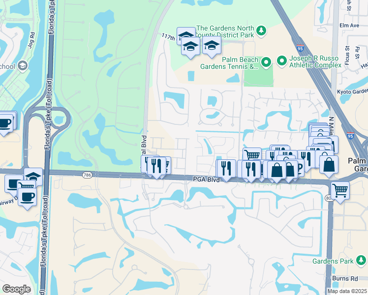 map of restaurants, bars, coffee shops, grocery stores, and more near 1111 Piccadilly Street in Palm Beach Gardens