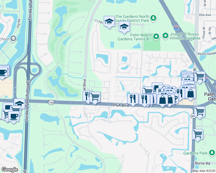 map of restaurants, bars, coffee shops, grocery stores, and more near 1111 Piccadilly Street in Palm Beach Gardens