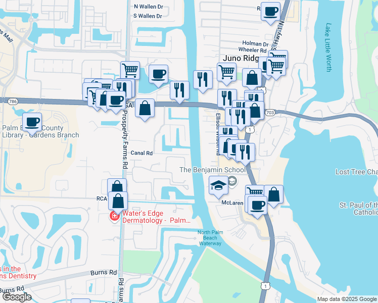 map of restaurants, bars, coffee shops, grocery stores, and more near 2179 Canal Road in Palm Beach Gardens