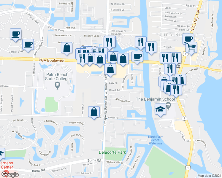 map of restaurants, bars, coffee shops, grocery stores, and more near 11382 Prosperity Farms Road in Palm Beach Gardens