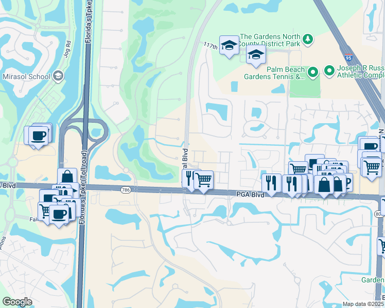 map of restaurants, bars, coffee shops, grocery stores, and more near 4111 Darlington Street in Palm Beach Gardens