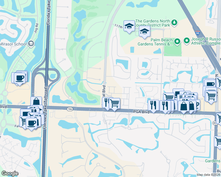 map of restaurants, bars, coffee shops, grocery stores, and more near 4140 Darlington Street in Palm Beach Gardens