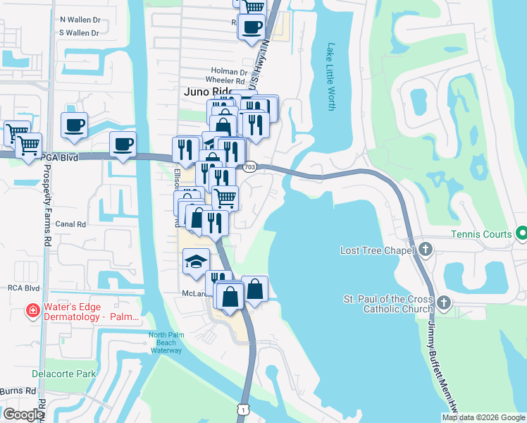 map of restaurants, bars, coffee shops, grocery stores, and more near in West Palm Beach