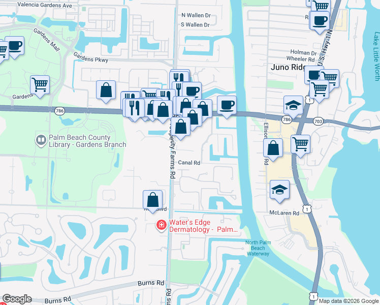 map of restaurants, bars, coffee shops, grocery stores, and more near 11382 Prosperity Farms Road in Palm Beach Gardens