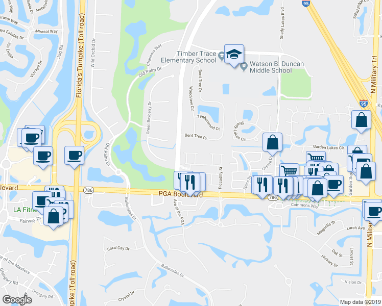 map of restaurants, bars, coffee shops, grocery stores, and more near Oxford Court in Palm Beach Gardens