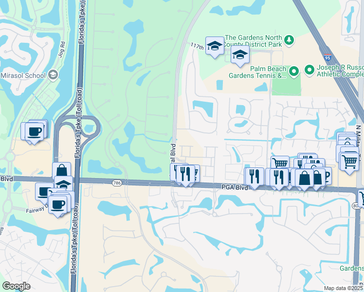 map of restaurants, bars, coffee shops, grocery stores, and more near Darlington Street in Palm Beach Gardens