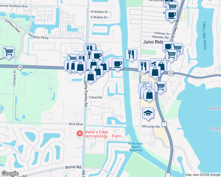 map of restaurants, bars, coffee shops, grocery stores, and more near 11359 Avery Road in Palm Beach Gardens