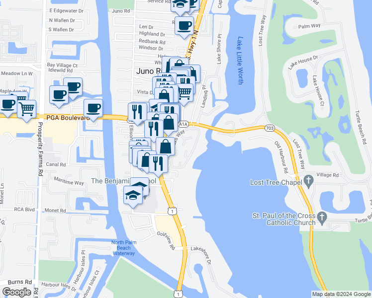 map of restaurants, bars, coffee shops, grocery stores, and more near 11385 Indian Shore Drive in North Palm Beach