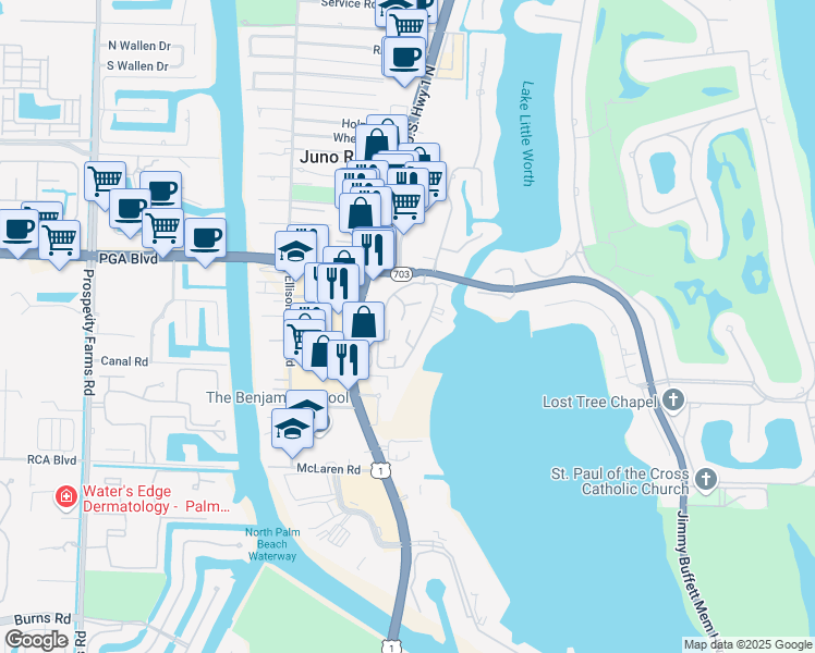 map of restaurants, bars, coffee shops, grocery stores, and more near 11385 Indian Shore Drive in North Palm Beach