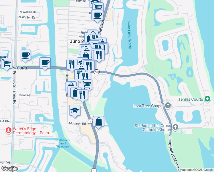 map of restaurants, bars, coffee shops, grocery stores, and more near 11370 12 Oaks Way in North Palm Beach