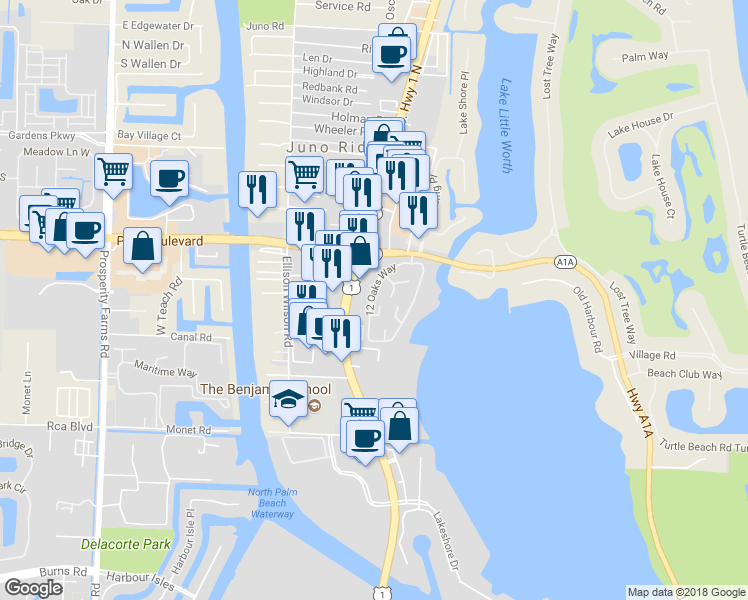 map of restaurants, bars, coffee shops, grocery stores, and more near 11325 Twelve Oaks Way in North Palm Beach
