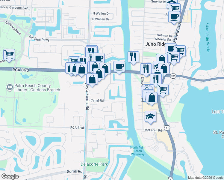 map of restaurants, bars, coffee shops, grocery stores, and more near 11345 Avery Road in Palm Beach Gardens