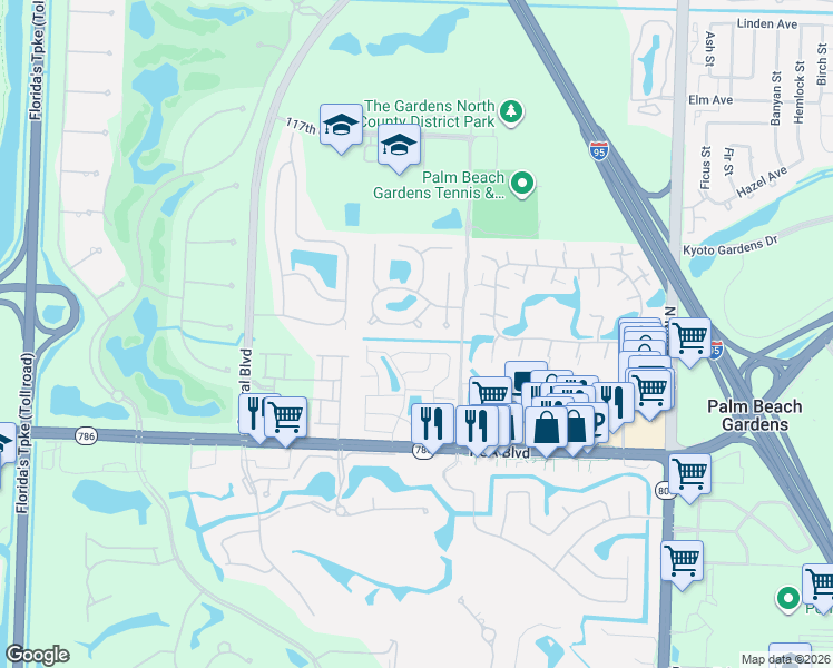 map of restaurants, bars, coffee shops, grocery stores, and more near 1051 Shady Lakes Circle in Palm Beach Gardens