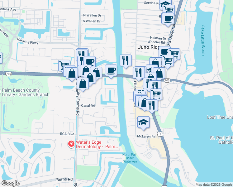 map of restaurants, bars, coffee shops, grocery stores, and more near 11350 Teach Road in Palm Beach Gardens