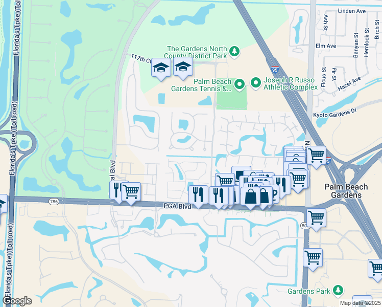 map of restaurants, bars, coffee shops, grocery stores, and more near 1051 Shady Lakes Circle in Palm Beach Gardens