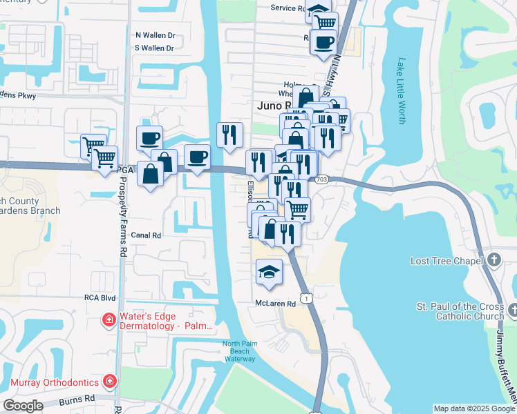map of restaurants, bars, coffee shops, grocery stores, and more near 2100 PGA Boulevard in Palm Beach Gardens