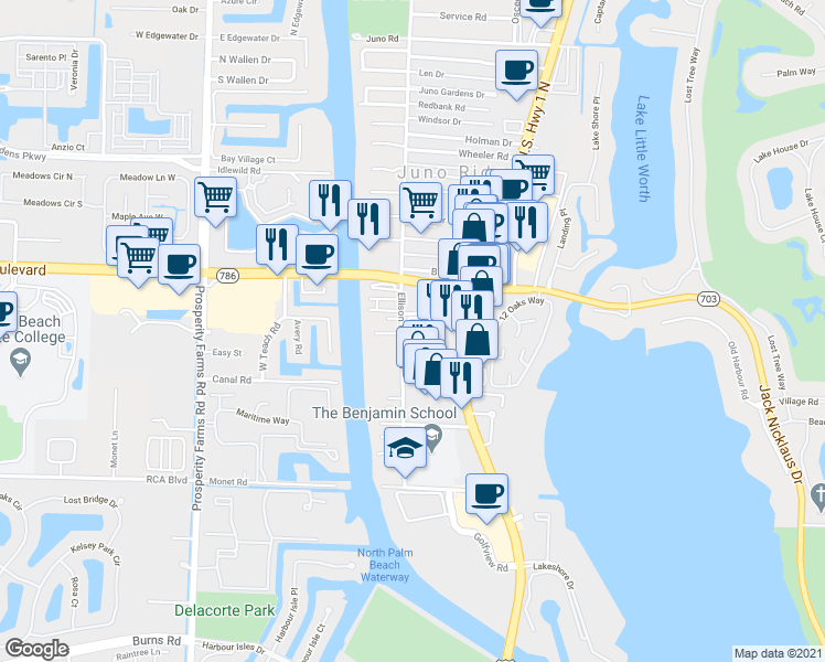 map of restaurants, bars, coffee shops, grocery stores, and more near 2100 PGA Boulevard in Palm Beach Gardens